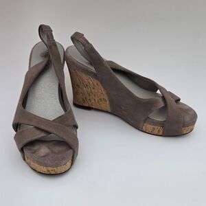 me too Taupe Suede Cork Wedge Slingback Sandals